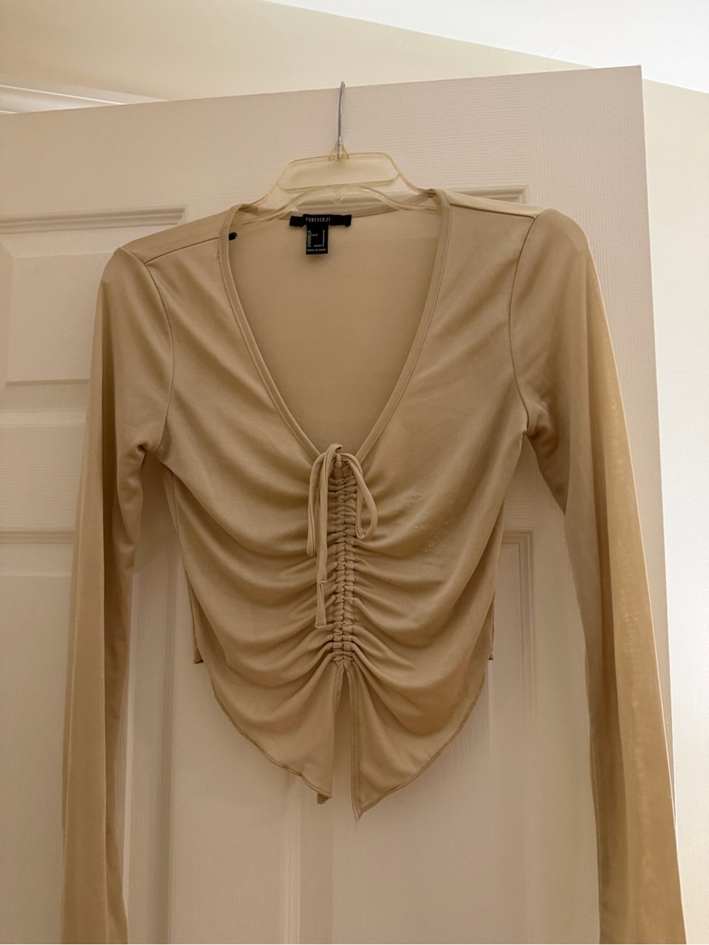 Forever 21 Beige Ruched V-Neck Long Sleeve Crop Top